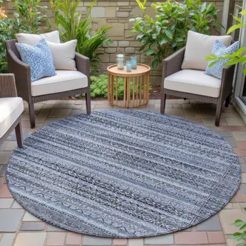 8' Blue And Charcoal Round Striped Washable Indoor Outdoor Area Rug