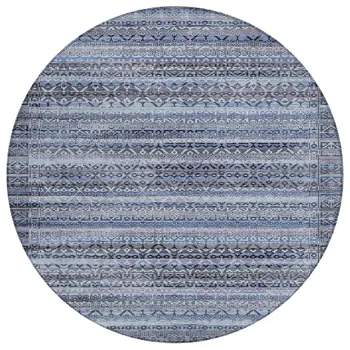 8' Blue And Charcoal Round Striped Washable Indoor Outdoor Area Rug