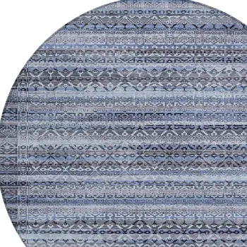8' Blue And Charcoal Round Striped Washable Indoor Outdoor Area Rug