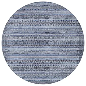 8' Blue And Charcoal Round Striped Washable Indoor Outdoor Area Rug