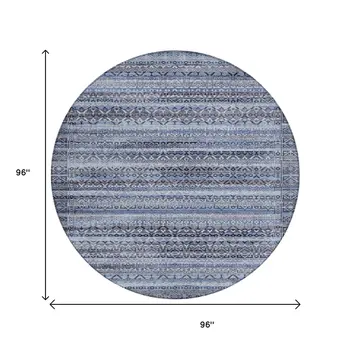 8' Blue And Charcoal Round Striped Washable Indoor Outdoor Area Rug