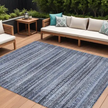 10' X 14' Blue And Charcoal Striped Washable Indoor Outdoor Area Rug