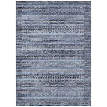 10' X 14' Blue And Charcoal Striped Washable Indoor Outdoor Area Rug