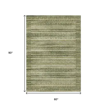 5' X 8' Green And Beige Striped Washable Indoor Outdoor Area Rug