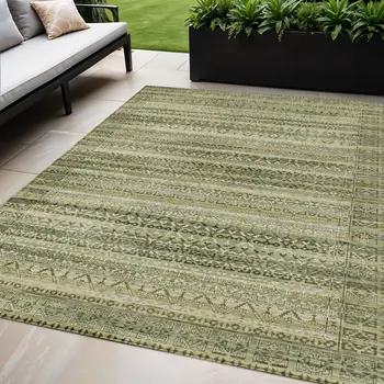 5' X 8' Green And Beige Striped Washable Indoor Outdoor Area Rug