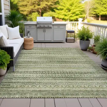5' X 8' Green And Beige Striped Washable Indoor Outdoor Area Rug