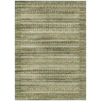 5' X 8' Green And Beige Striped Washable Indoor Outdoor Area Rug