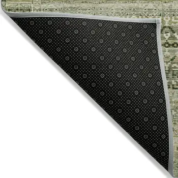 5' X 8' Green And Beige Striped Washable Indoor Outdoor Area Rug