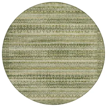 8' Green And Beige Round Striped Washable Indoor Outdoor Area Rug