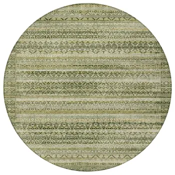 8' Green And Beige Round Striped Washable Indoor Outdoor Area Rug