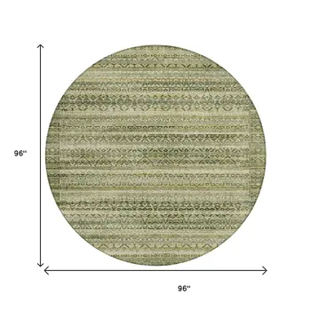 8' Green And Beige Round Striped Washable Indoor Outdoor Area Rug