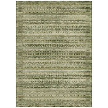 8' X 10' Green And Beige Striped Washable Indoor Outdoor Area Rug