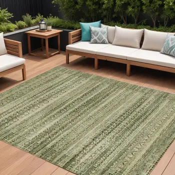 8' X 10' Green And Beige Striped Washable Indoor Outdoor Area Rug