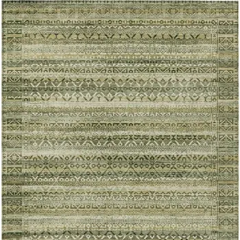 9' X 12' Green And Beige Striped Washable Indoor Outdoor Area Rug