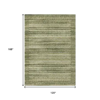 10' X 14' Green And Beige Striped Washable Indoor Outdoor Area Rug