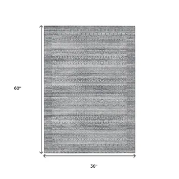 3' X 5' Gray And Silver Striped Washable Indoor Outdoor Area Rug