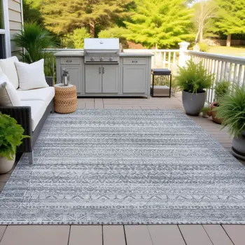 3' X 5' Gray And Silver Striped Washable Indoor Outdoor Area Rug
