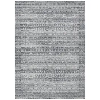 3' X 5' Gray And Silver Striped Washable Indoor Outdoor Area Rug