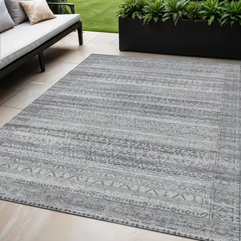 5' X 8' Gray And Silver Striped Washable Indoor Outdoor Area Rug