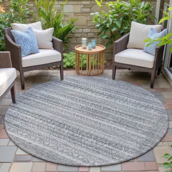 8' Gray And Silver Round Striped Washable Indoor Outdoor Area Rug