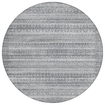 8' Gray And Silver Round Striped Washable Indoor Outdoor Area Rug
