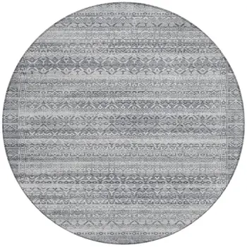 8' Gray And Silver Round Striped Washable Indoor Outdoor Area Rug