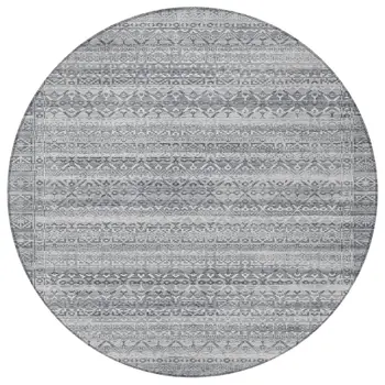 8' Gray And Silver Round Striped Washable Indoor Outdoor Area Rug