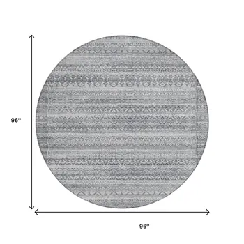 8' Gray And Silver Round Striped Washable Indoor Outdoor Area Rug