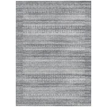 9' X 12' Gray And Silver Striped Washable Indoor Outdoor Area Rug