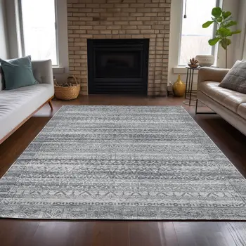 9' X 12' Gray And Silver Striped Washable Indoor Outdoor Area Rug