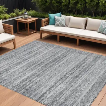 10' X 14' Gray And Silver Striped Washable Indoor Outdoor Area Rug