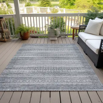 10' X 14' Gray And Silver Striped Washable Indoor Outdoor Area Rug