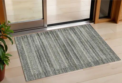 3' X 5' Pewter And Charcoal Striped Washable Indoor Outdoor Area Rug