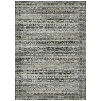 3' X 5' Pewter And Charcoal Striped Washable Indoor Outdoor Area Rug