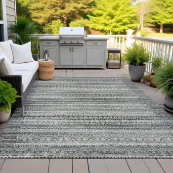 5' X 8' Pewter And Charcoal Striped Washable Indoor Outdoor Area Rug