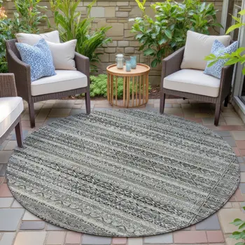 8' Pewter And Charcoal Round Striped Washable Indoor Outdoor Area Rug