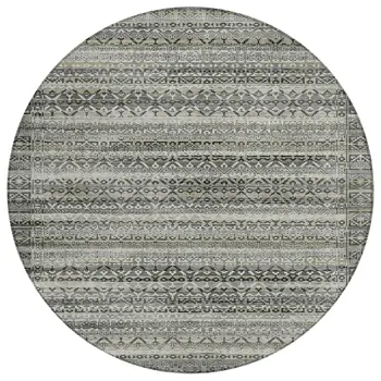 8' Pewter And Charcoal Round Striped Washable Indoor Outdoor Area Rug