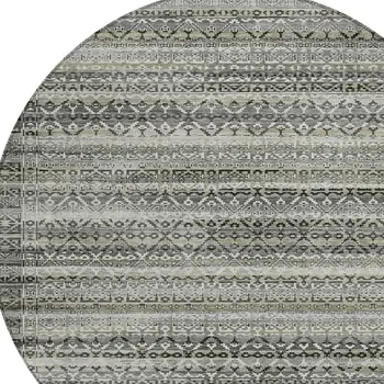 8' Pewter And Charcoal Round Striped Washable Indoor Outdoor Area Rug