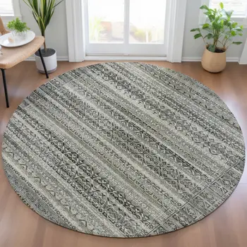 8' Pewter And Charcoal Round Striped Washable Indoor Outdoor Area Rug