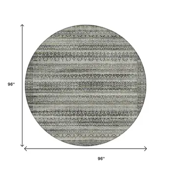 8' Pewter And Charcoal Round Striped Washable Indoor Outdoor Area Rug