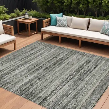 10' X 14' Pewter And Charcoal Striped Washable Indoor Outdoor Area Rug