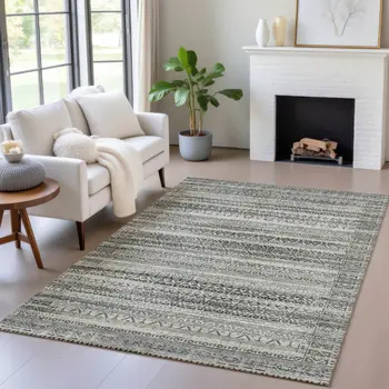 10' X 14' Pewter And Charcoal Striped Washable Indoor Outdoor Area Rug