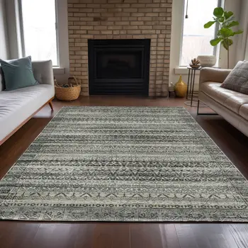 10' X 14' Pewter And Charcoal Striped Washable Indoor Outdoor Area Rug