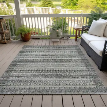 10' X 14' Pewter And Charcoal Striped Washable Indoor Outdoor Area Rug
