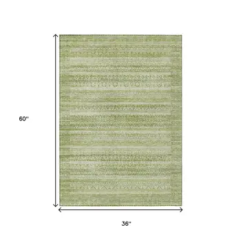 3' X 5' Sage And Ivory Striped Washable Indoor Outdoor Area Rug