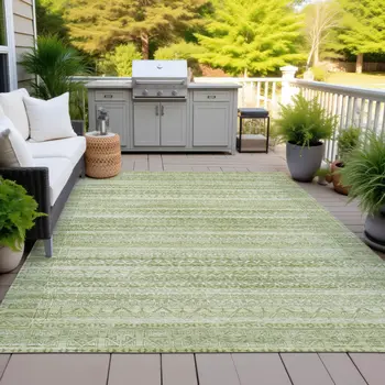 3' X 5' Sage And Ivory Striped Washable Indoor Outdoor Area Rug