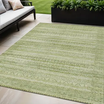 5' X 8' Sage And Ivory Striped Washable Indoor Outdoor Area Rug