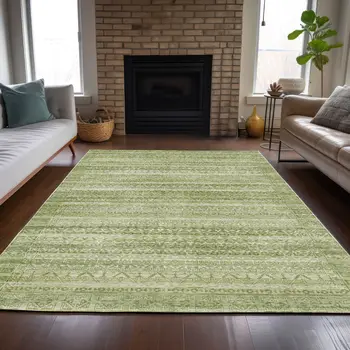 5' X 8' Sage And Ivory Striped Washable Indoor Outdoor Area Rug