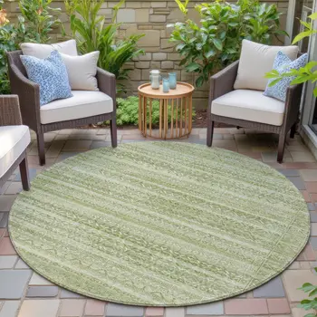 8' Sage And Ivory Round Striped Washable Indoor Outdoor Area Rug
