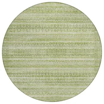 8' Sage And Ivory Round Striped Washable Indoor Outdoor Area Rug